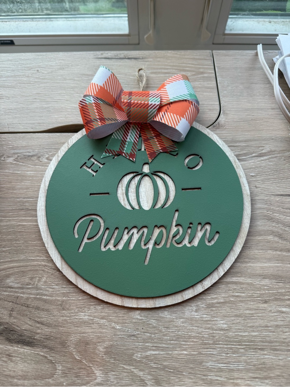 Green "Hello Pumpkin" Door Hanger with Plaid Bow